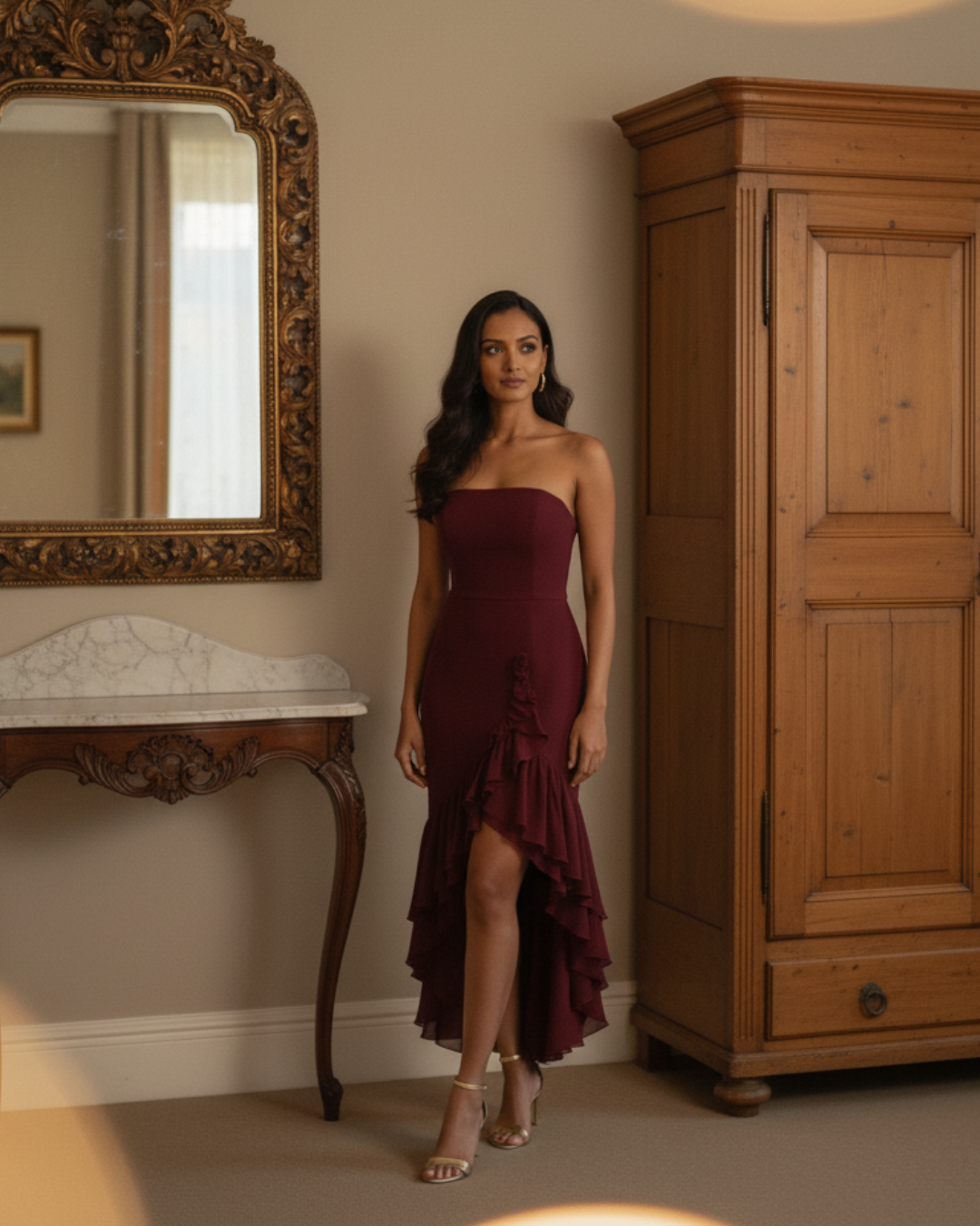 Crimson Cascade Strapless Ruffle Dress