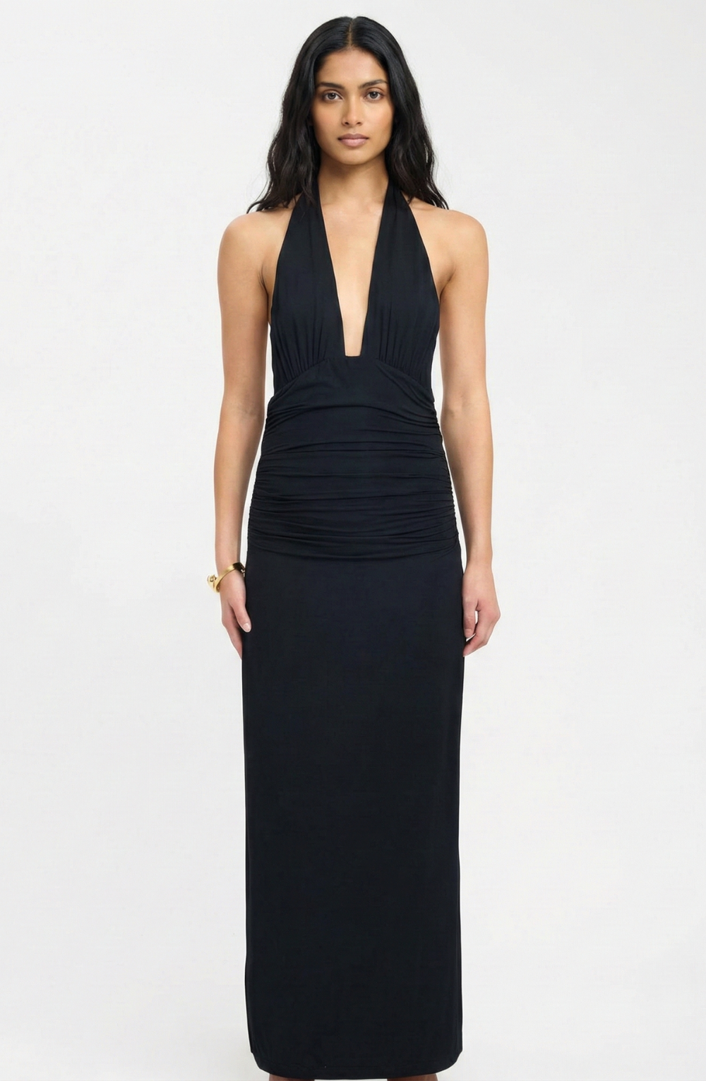Deep-V Ruched Evening Maxi Dress