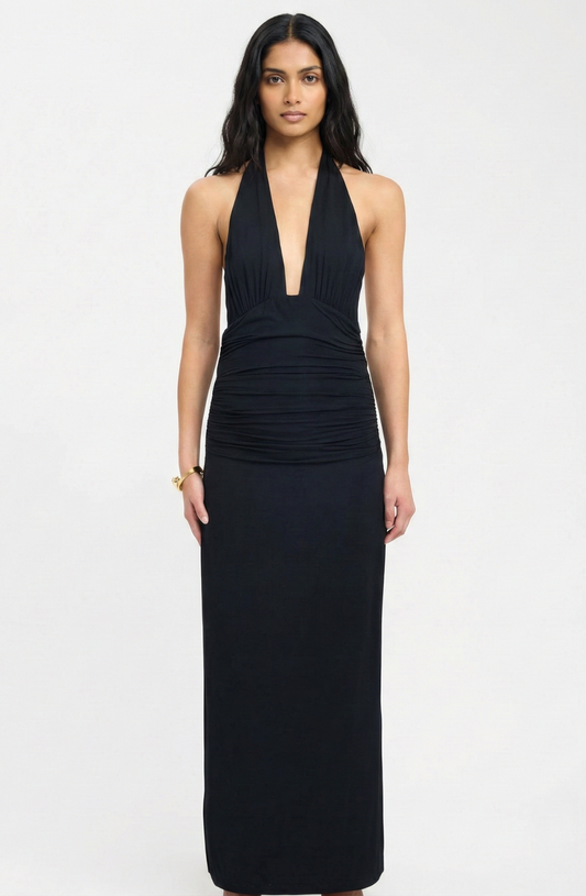 Deep-V Ruched Evening Maxi Dress