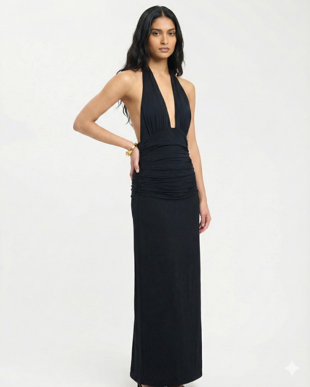 Deep-V Ruched Evening Maxi Dress