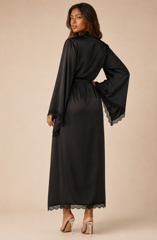 Elysia Lace-Trim Satin Robe