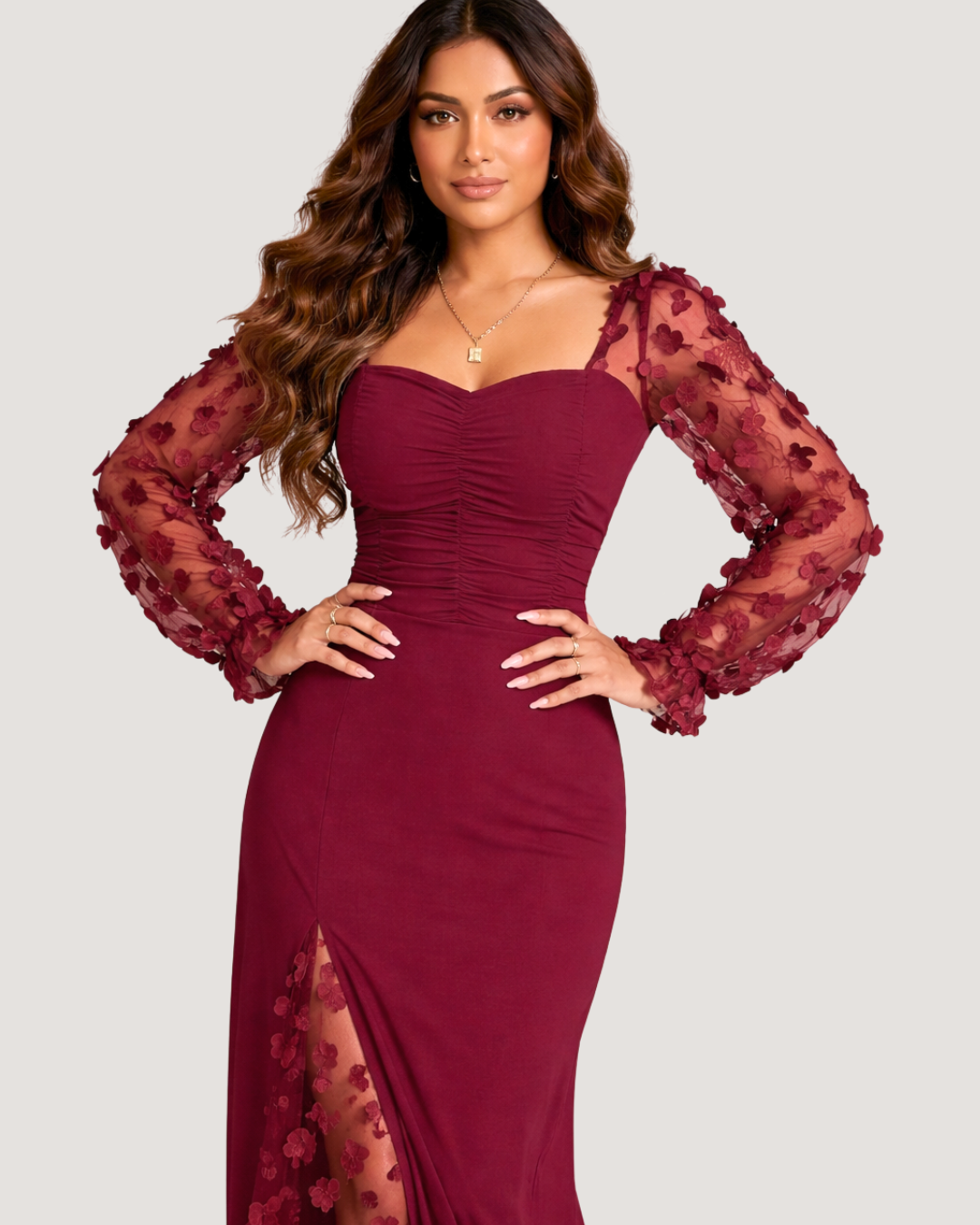 Kiyara Floral Sleeve Evening Dress