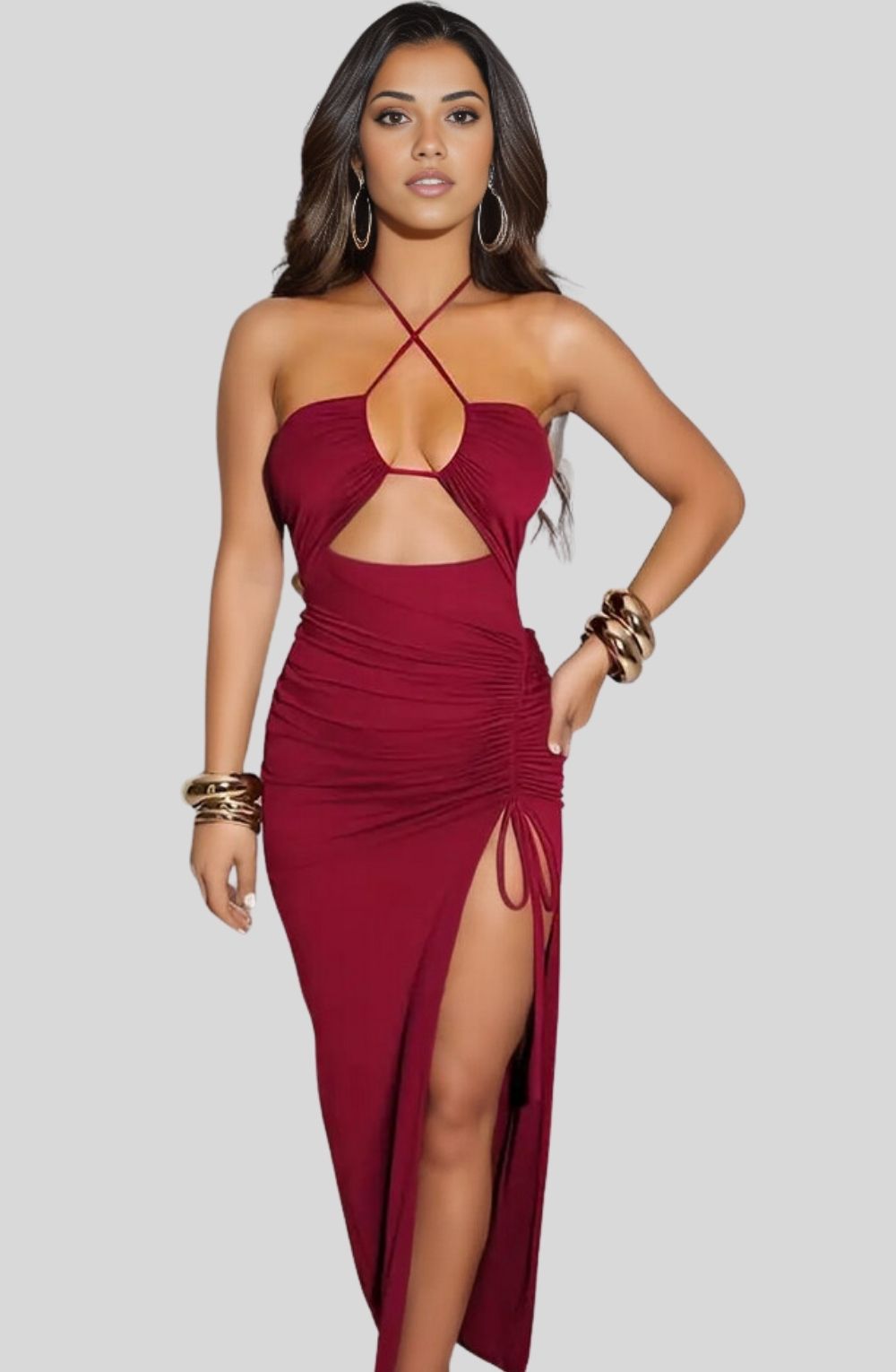 Lace-Up Ruched Halter Midi Dress