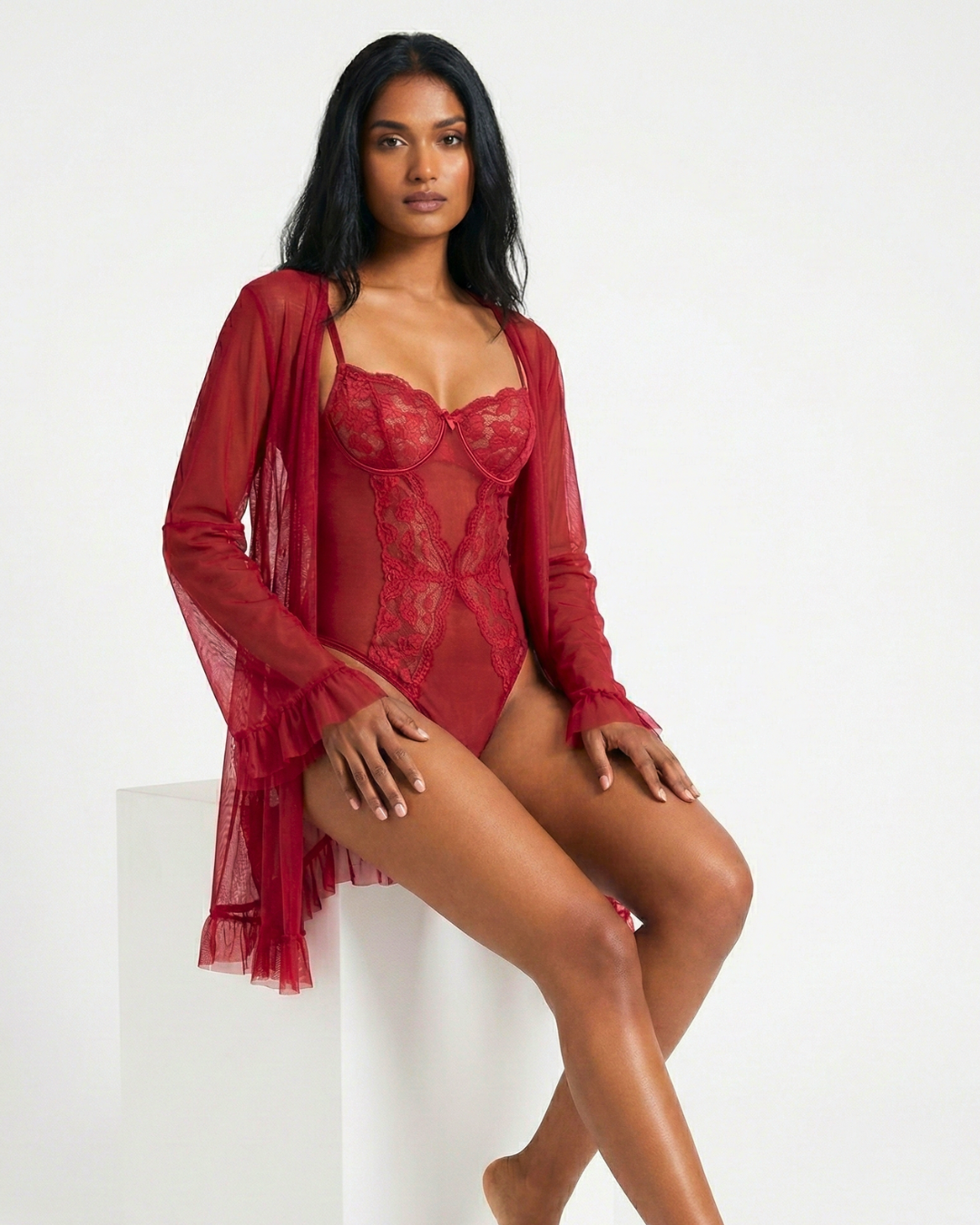 Lace Veil Seduction Bodysuit With Robe