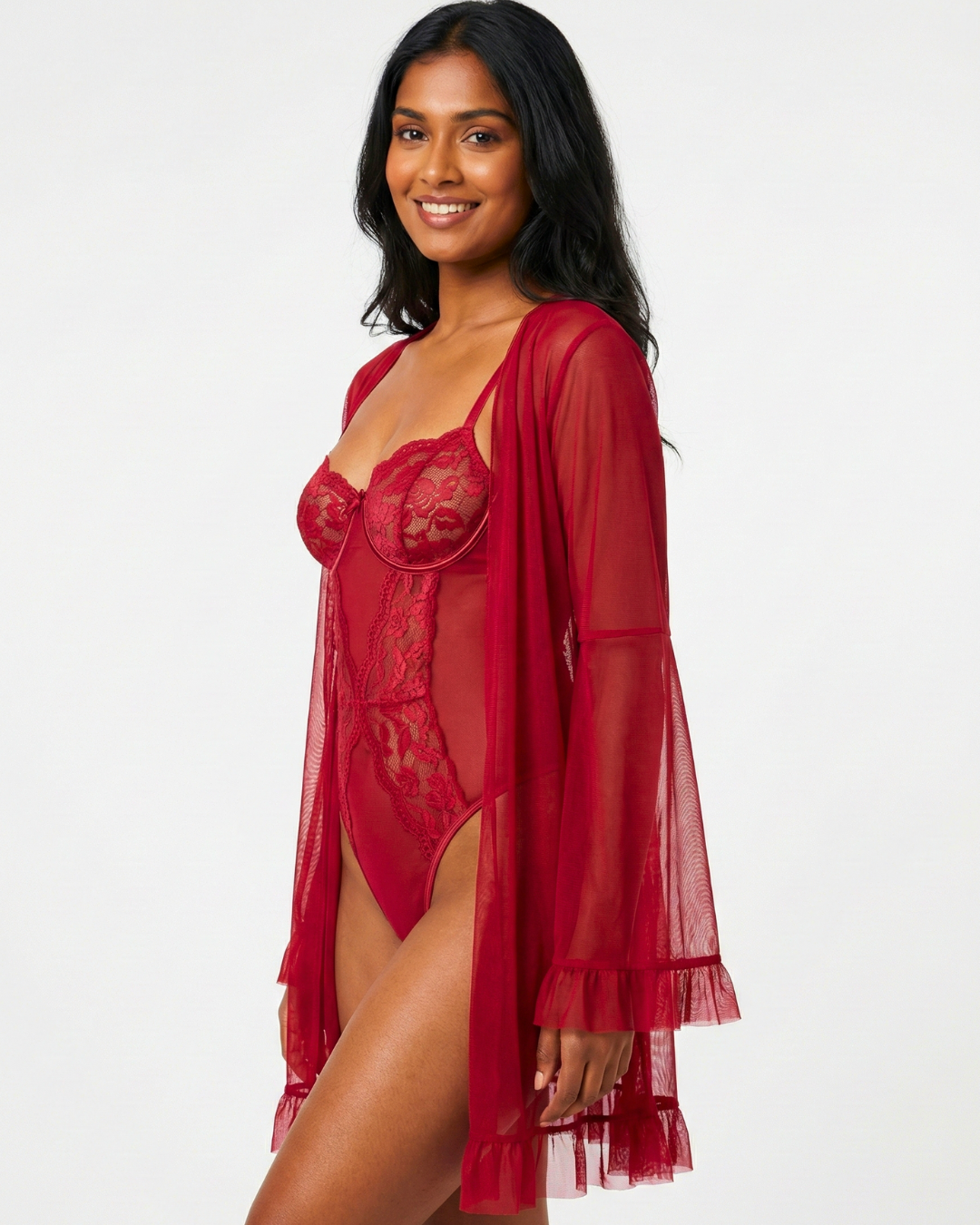 Lace Veil Seduction Bodysuit With Robe