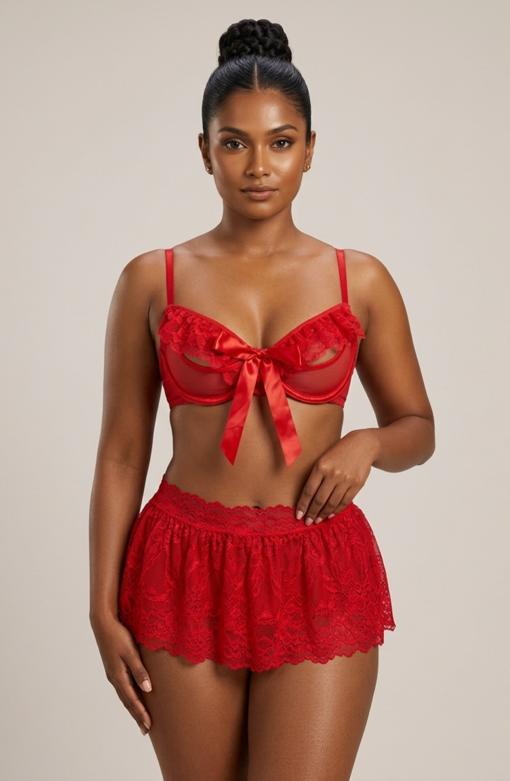 Layla Bow Lace Skirt Lingerie Set - Red
