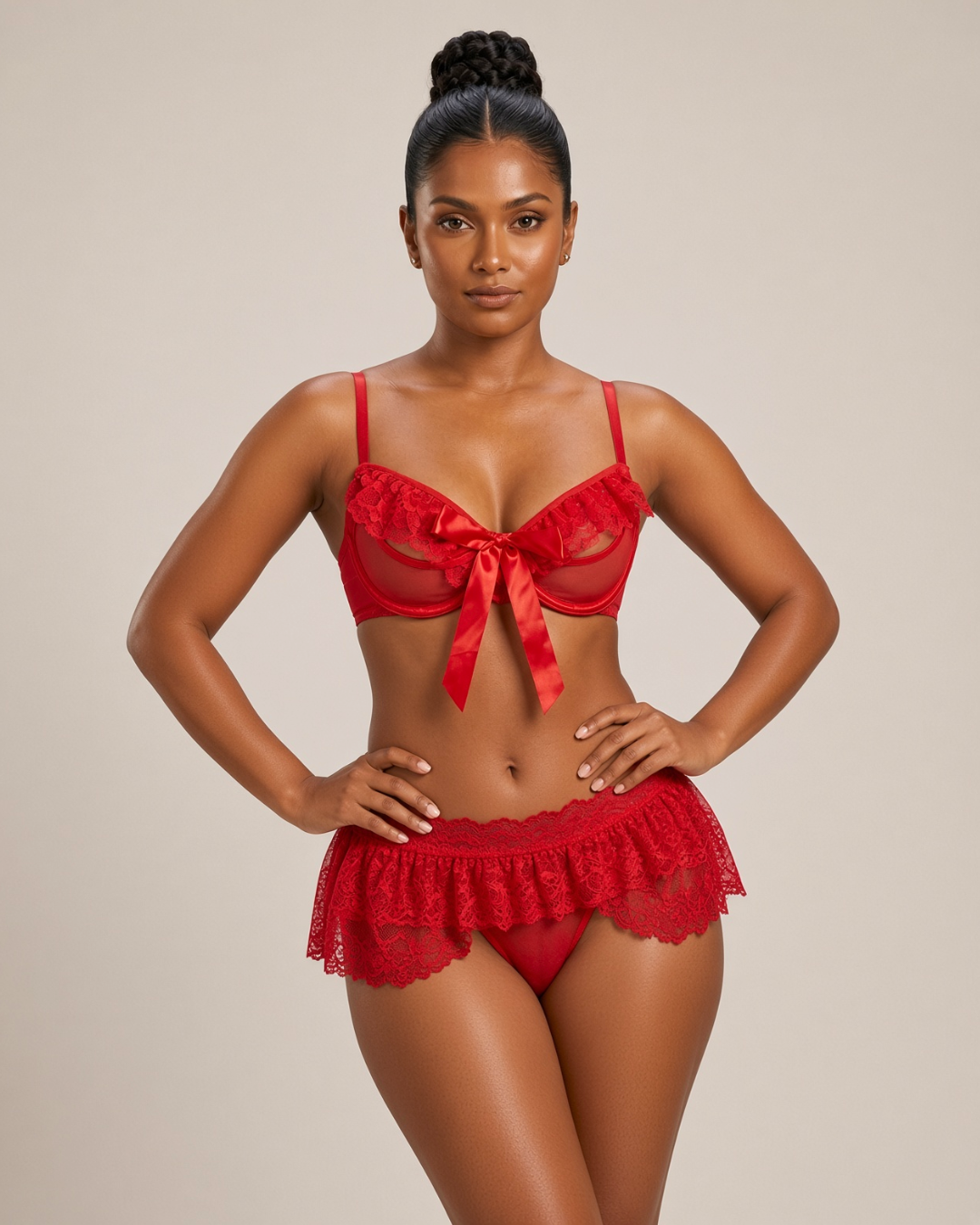 Layla Bow Lace Skirt Lingerie Set - Red