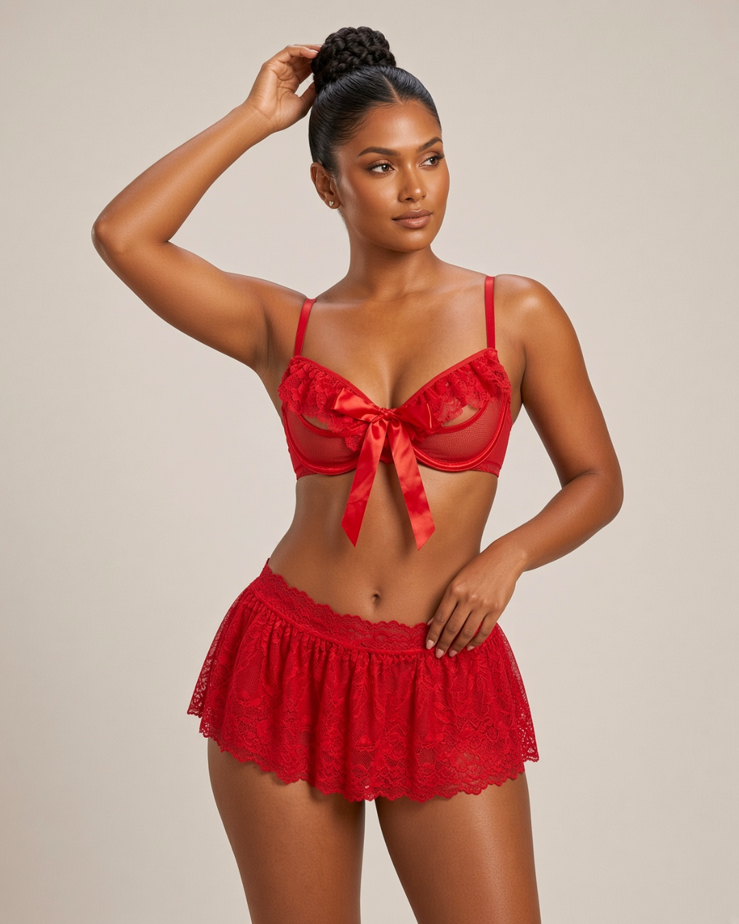 Layla Bow Lace Skirt Lingerie Set - Red