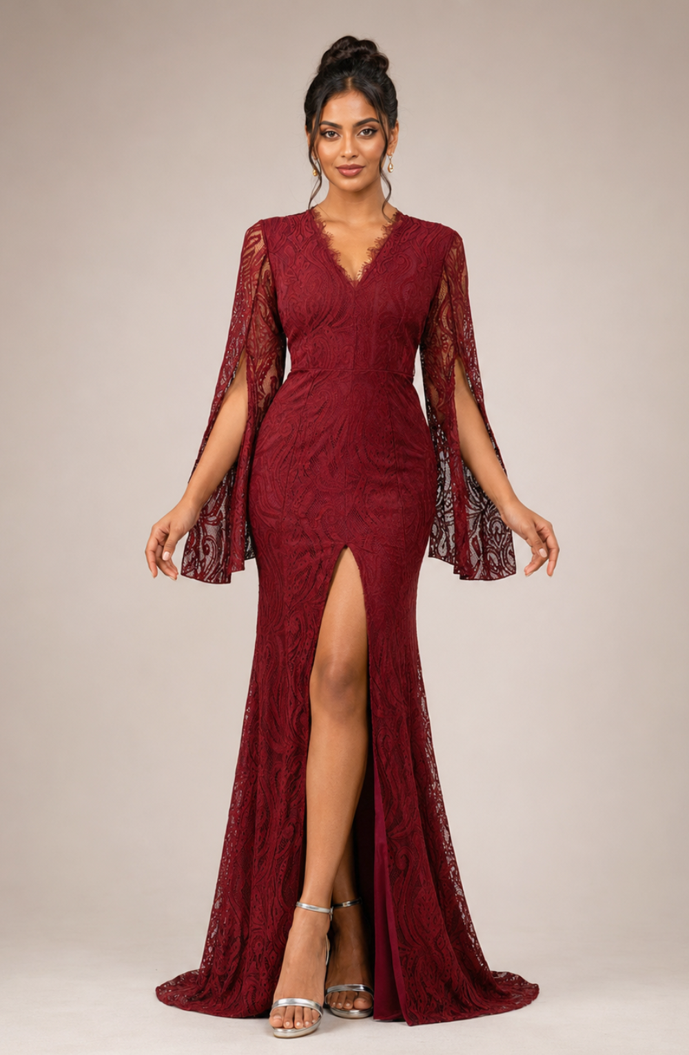 Marielle Lace-Overlay Slit Dress