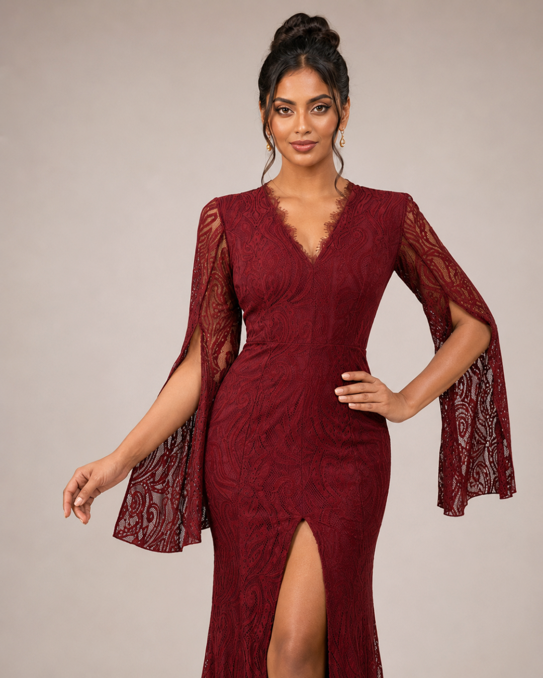 Marielle Lace-Overlay Slit Dress