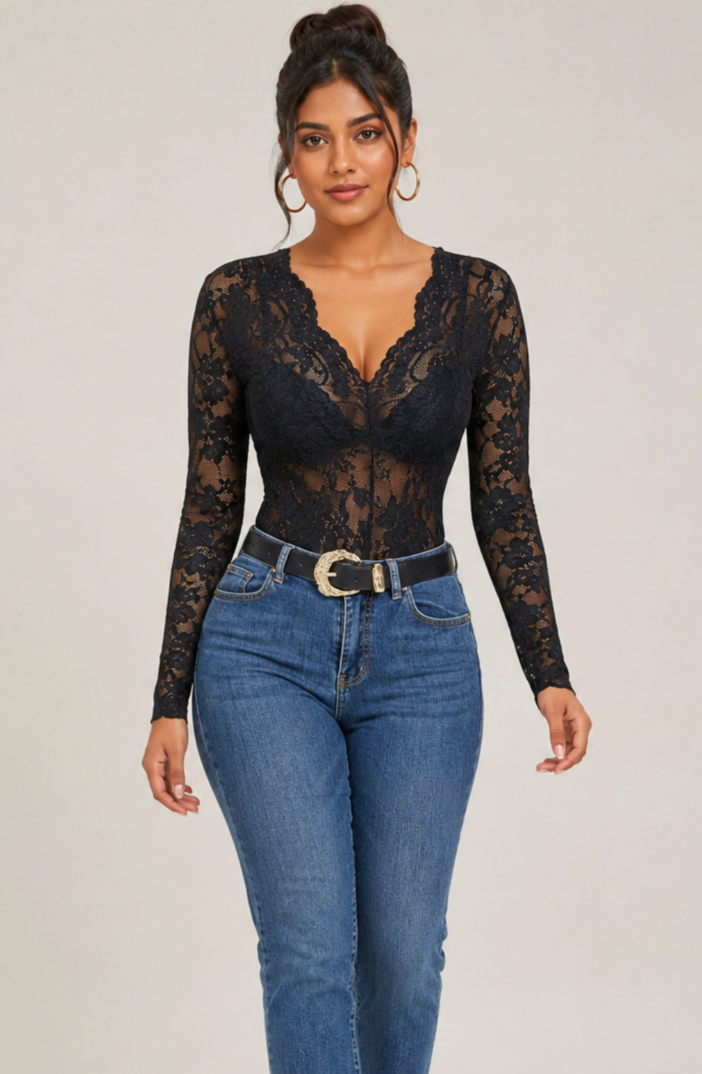 Marion Floral Lace V-Neck Top - Black