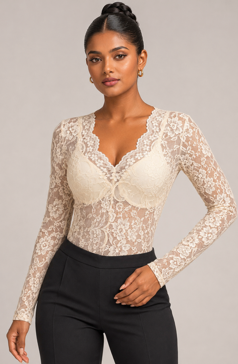 Marion Floral Lace V-Neck Top - Beige