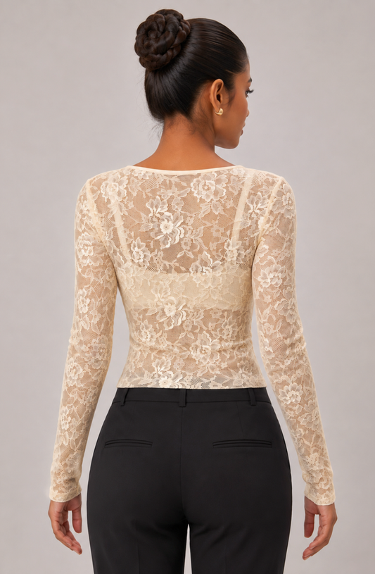 Marion Floral Lace V-Neck Top - Beige