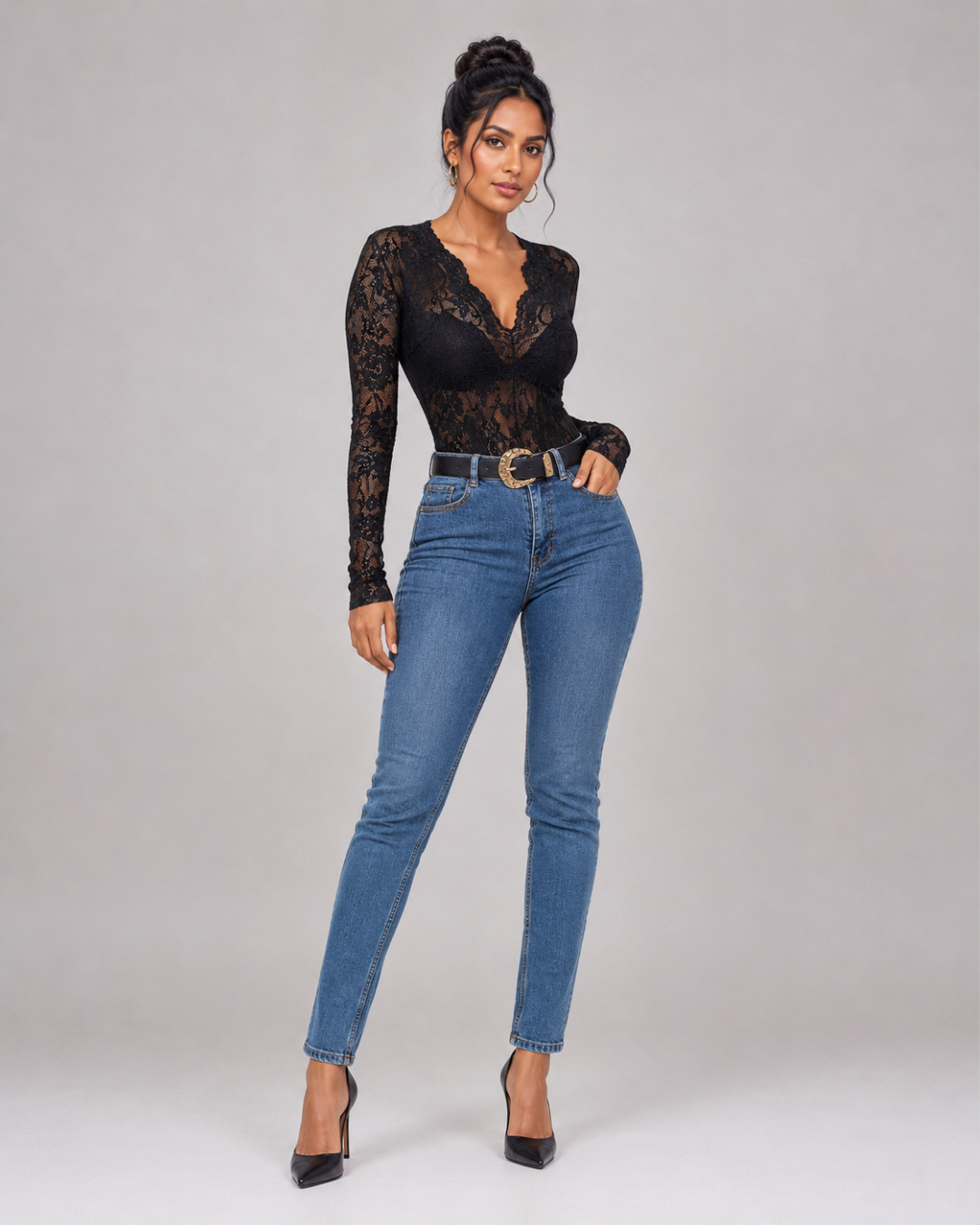 Marion Floral Lace V-Neck Top - Black