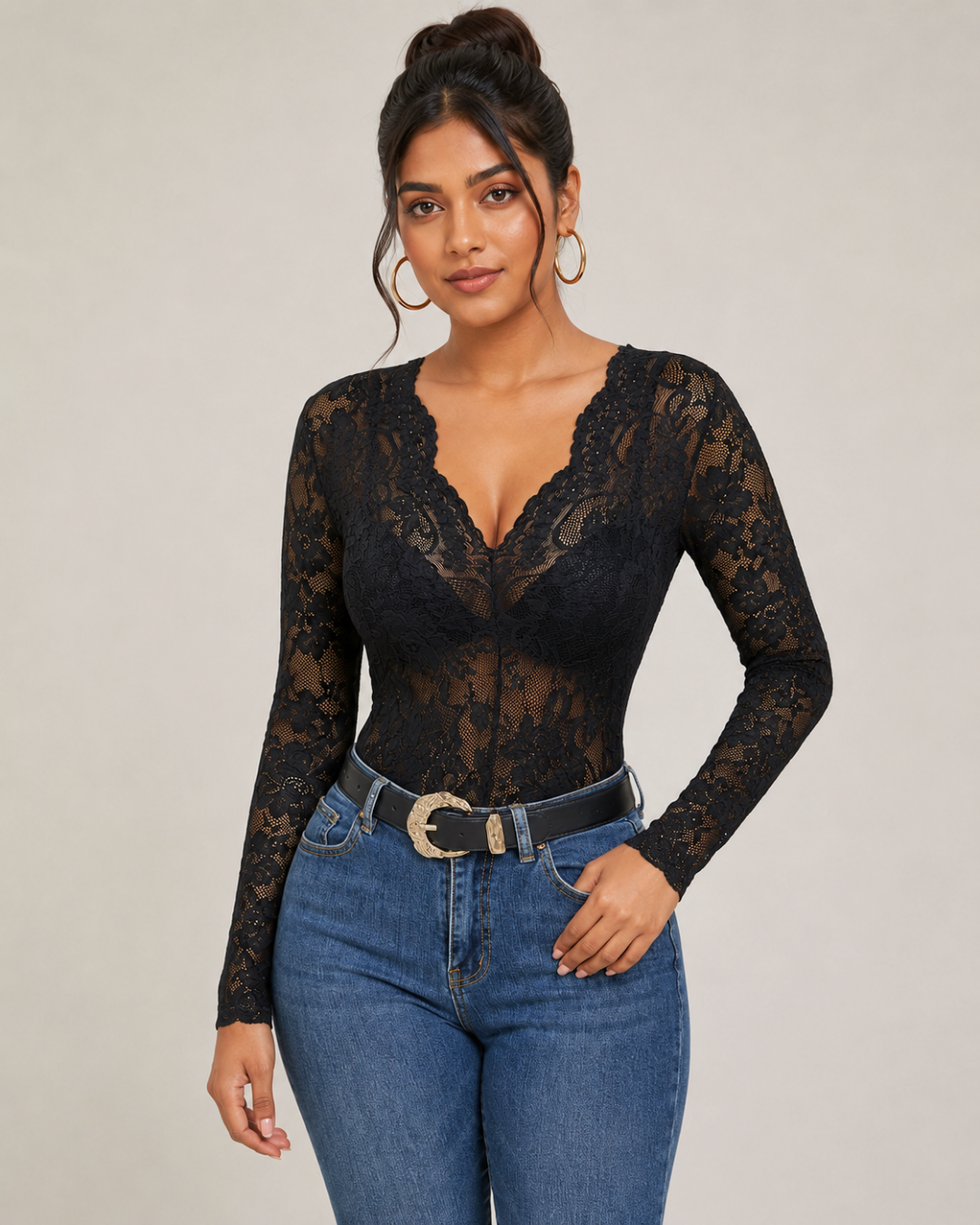 Marion Floral Lace V-Neck Top - Black