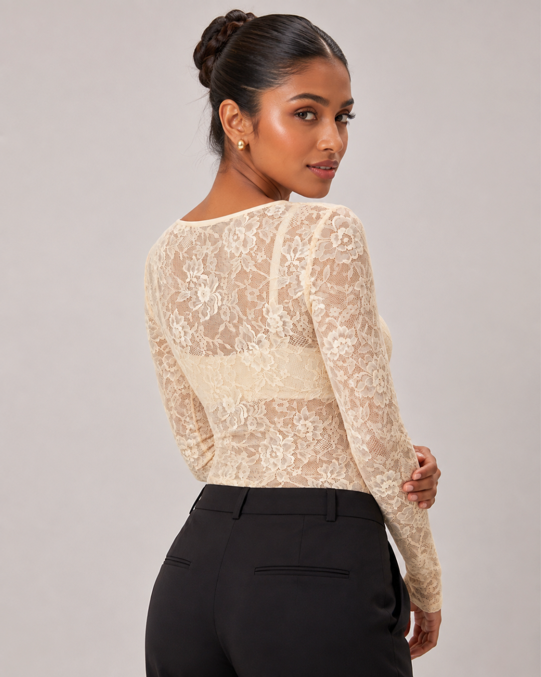 Marion Floral Lace V-Neck Top - Beige