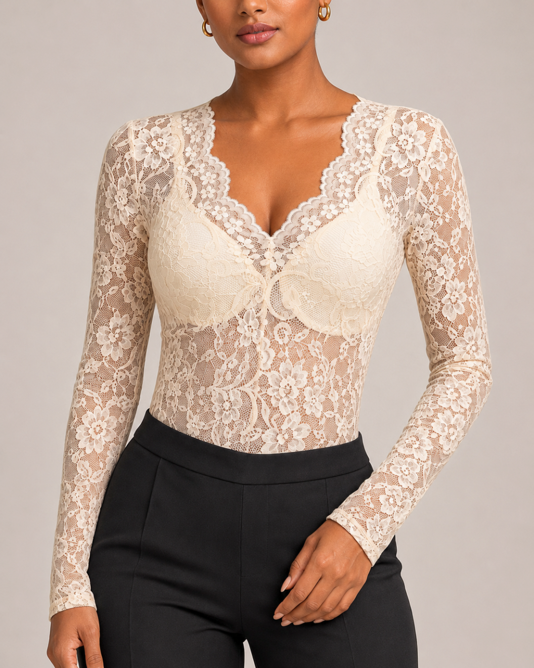 Marion Floral Lace V-Neck Top - Beige