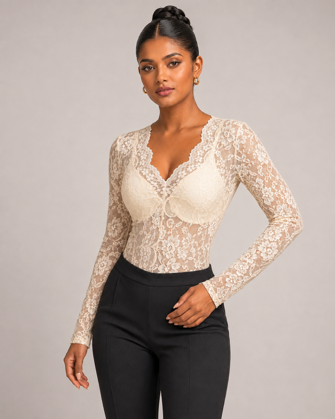 Marion Floral Lace V-Neck Top - Beige