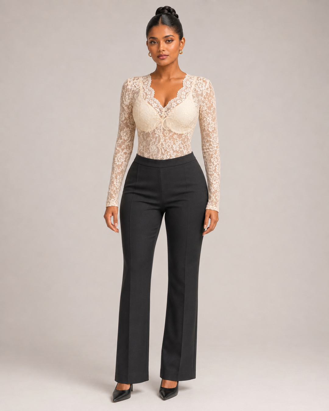 Marion Floral Lace V-Neck Top - Beige