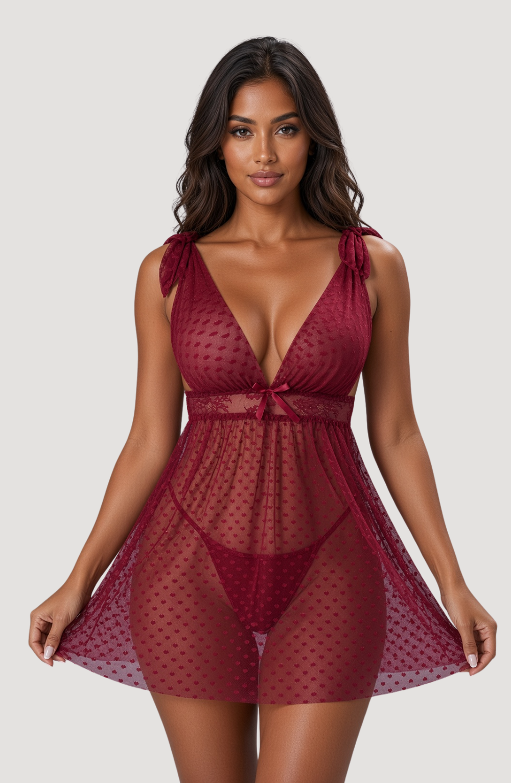 Midnight Flirt Mesh Slip Babydoll Dress - Wine Red