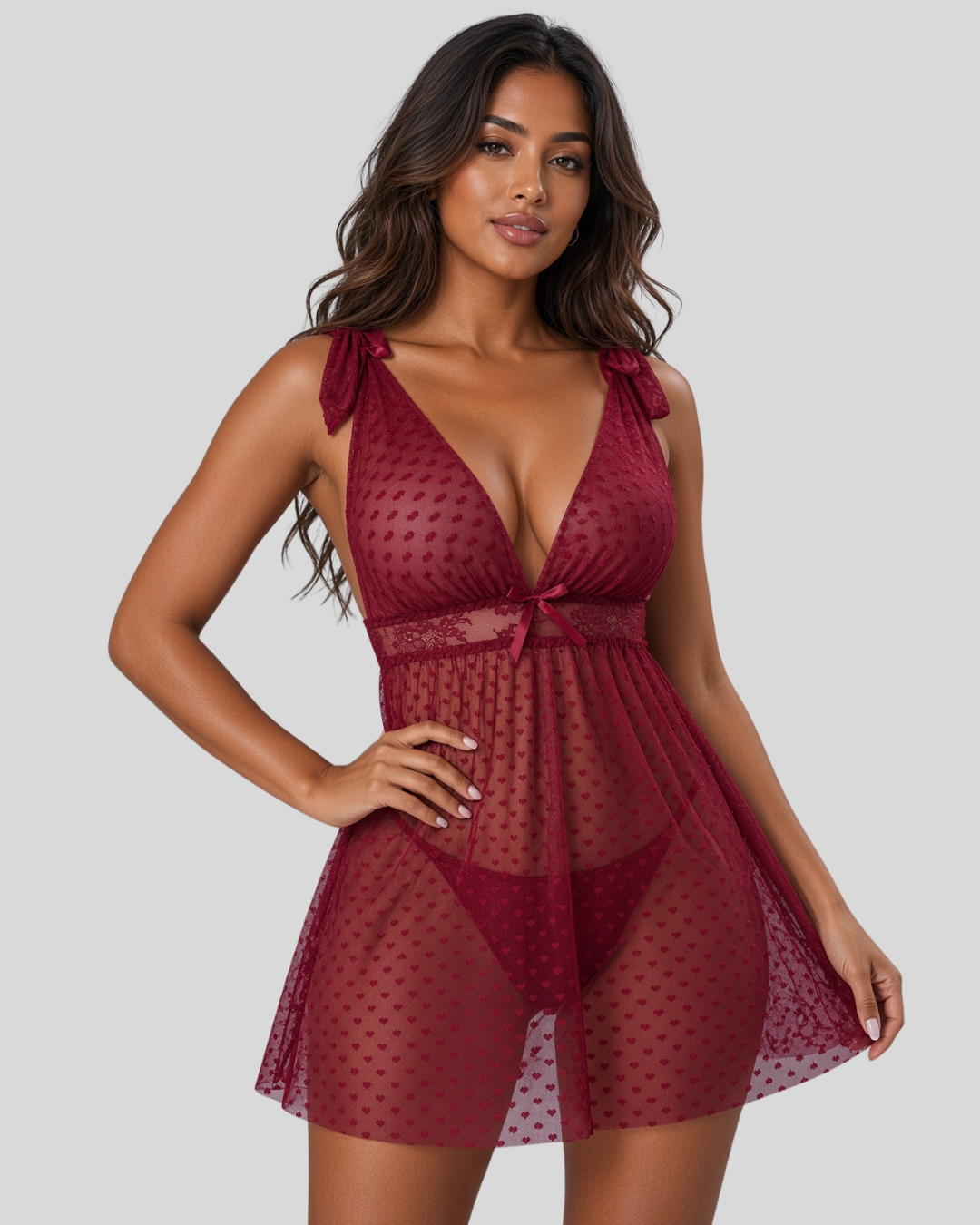 Midnight Flirt Mesh Slip Babydoll Dress - Wine Red