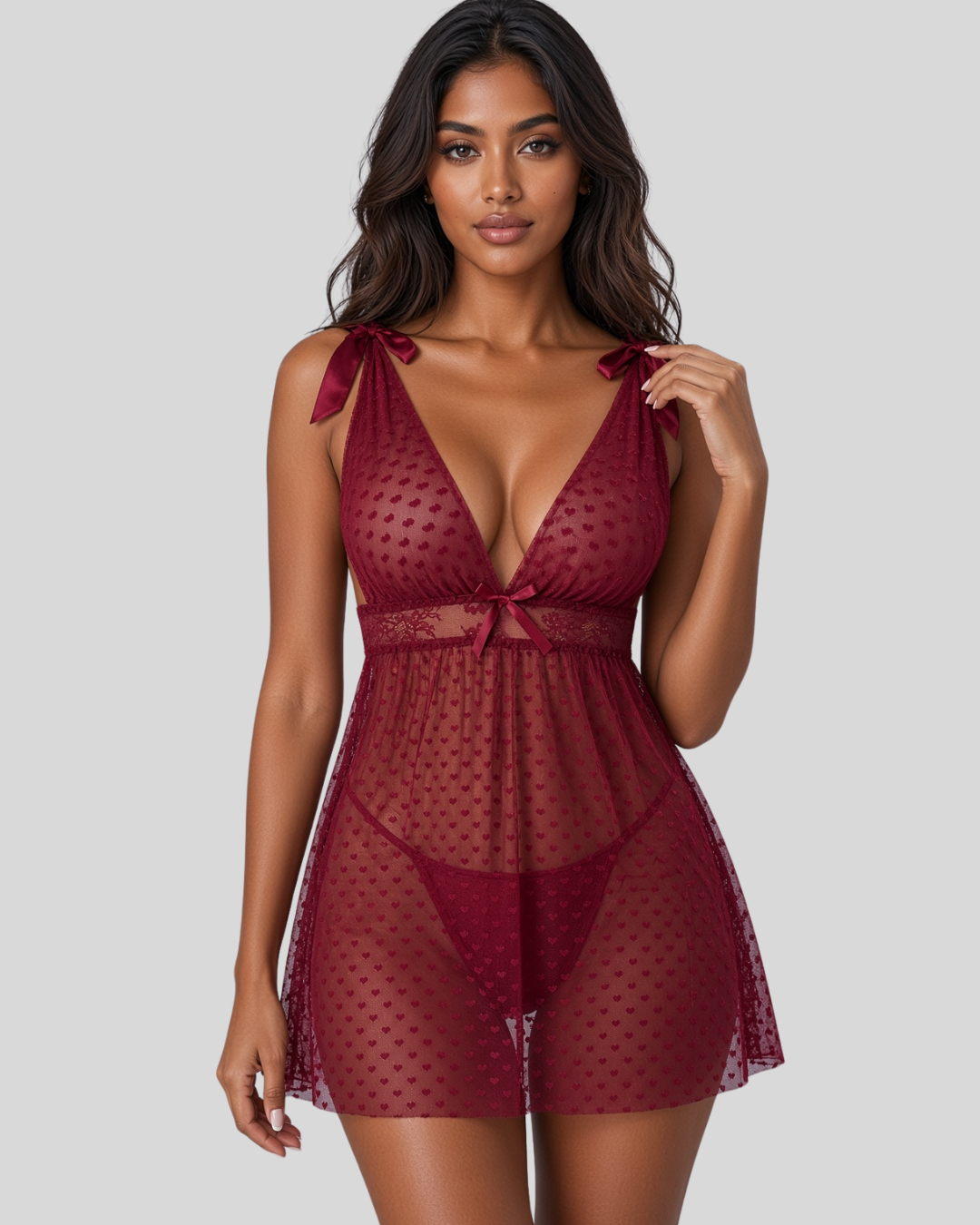 Midnight Flirt Mesh Slip Babydoll Dress - Wine Red