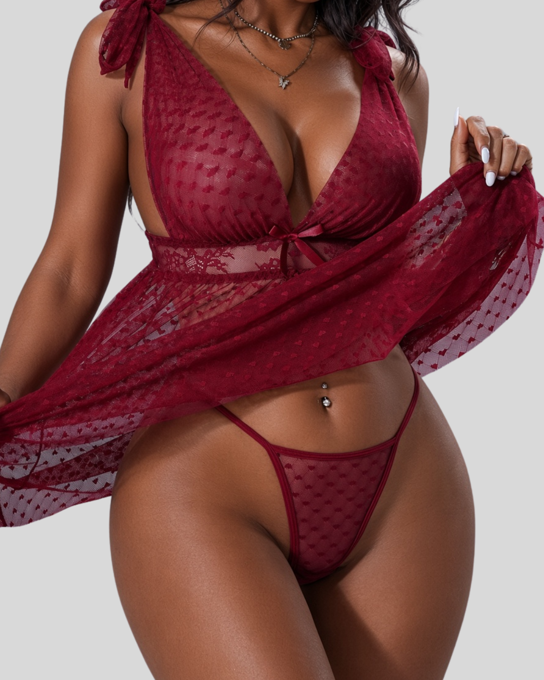 Midnight Flirt Mesh Slip Babydoll Dress - Wine Red