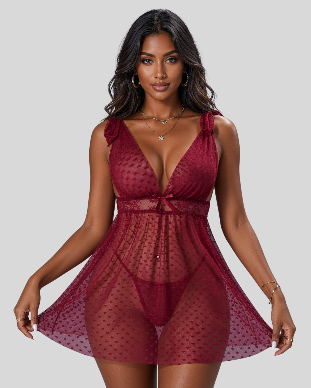 Midnight Flirt Mesh Slip Babydoll Dress - Wine Red