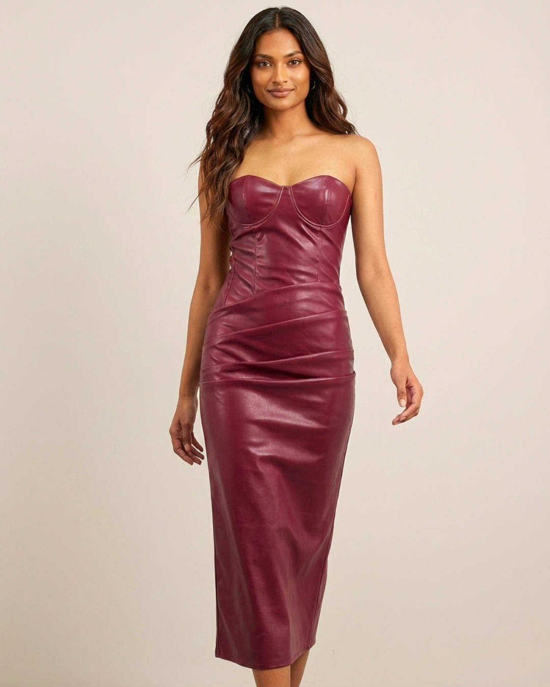 Midnight Merlot Faux Leather Midi Dress