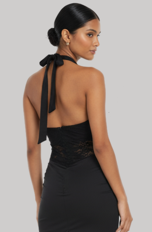 Midnight Vixen Lace-Halter Mini Dress