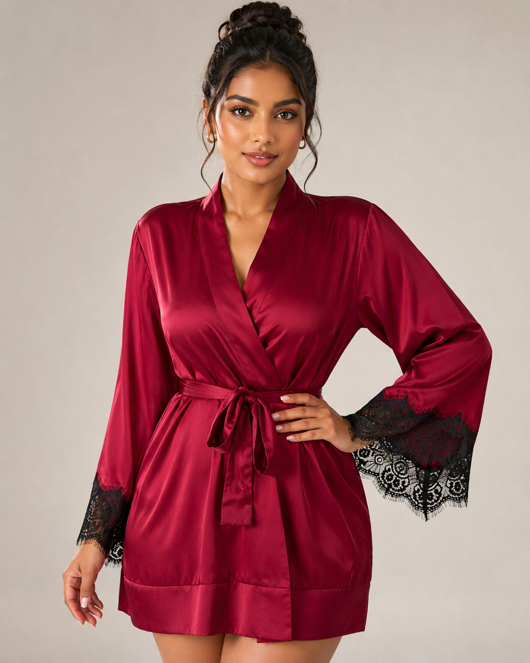 Mina Luxe Satin Robe - Wine Red