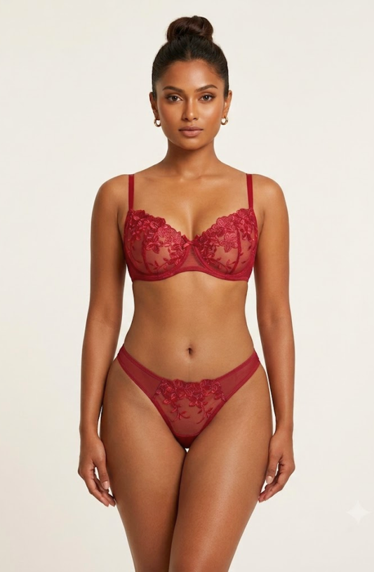 Moonveil Mesh Bra and Panty Set - Wine Red