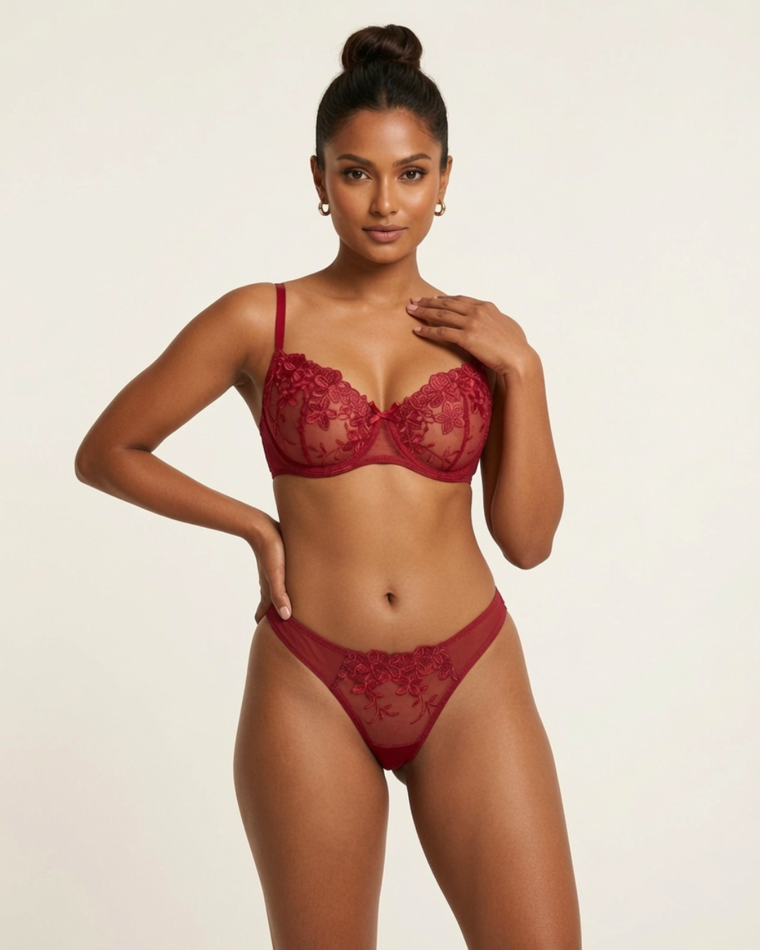 Moonveil Mesh Bra and Panty Set - Wine Red