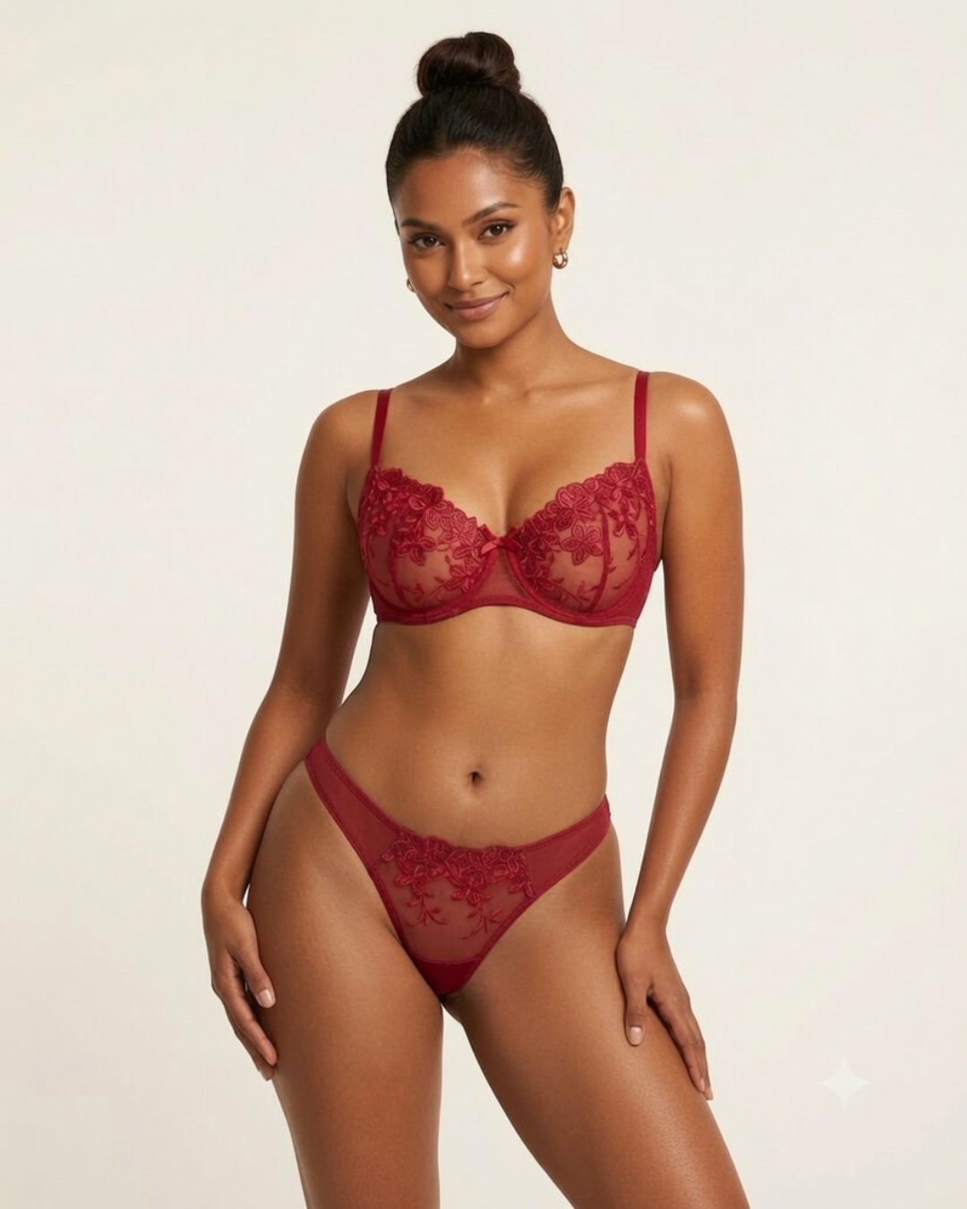 Moonveil Mesh Bra and Panty Set - Wine Red