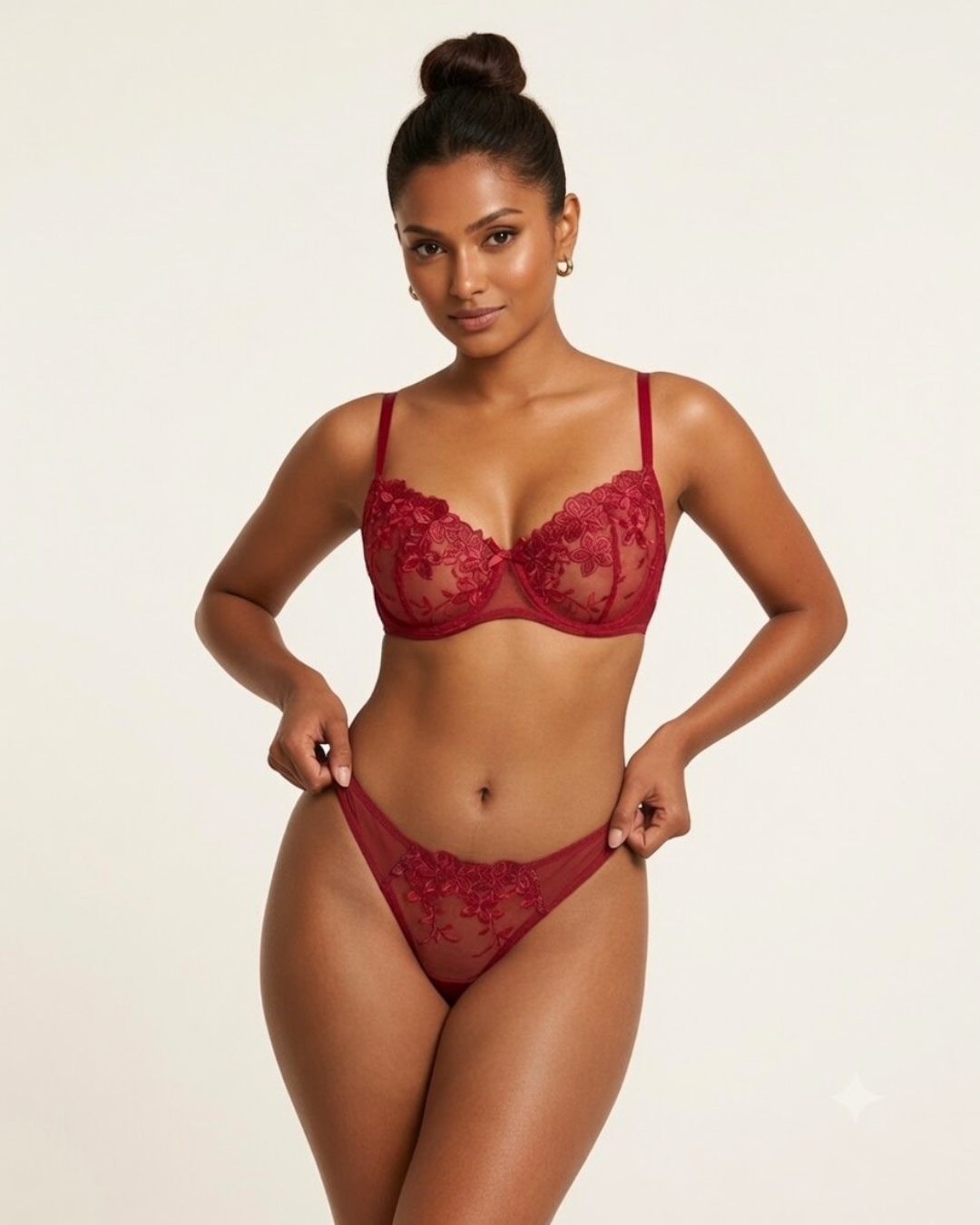 Moonveil Mesh Bra and Panty Set - Wine Red