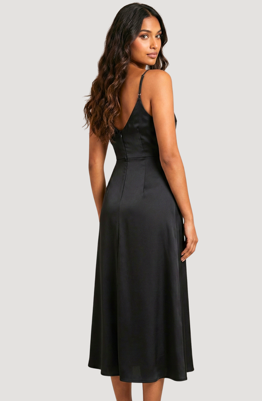 Noir Elegance Ruched Midi Dress