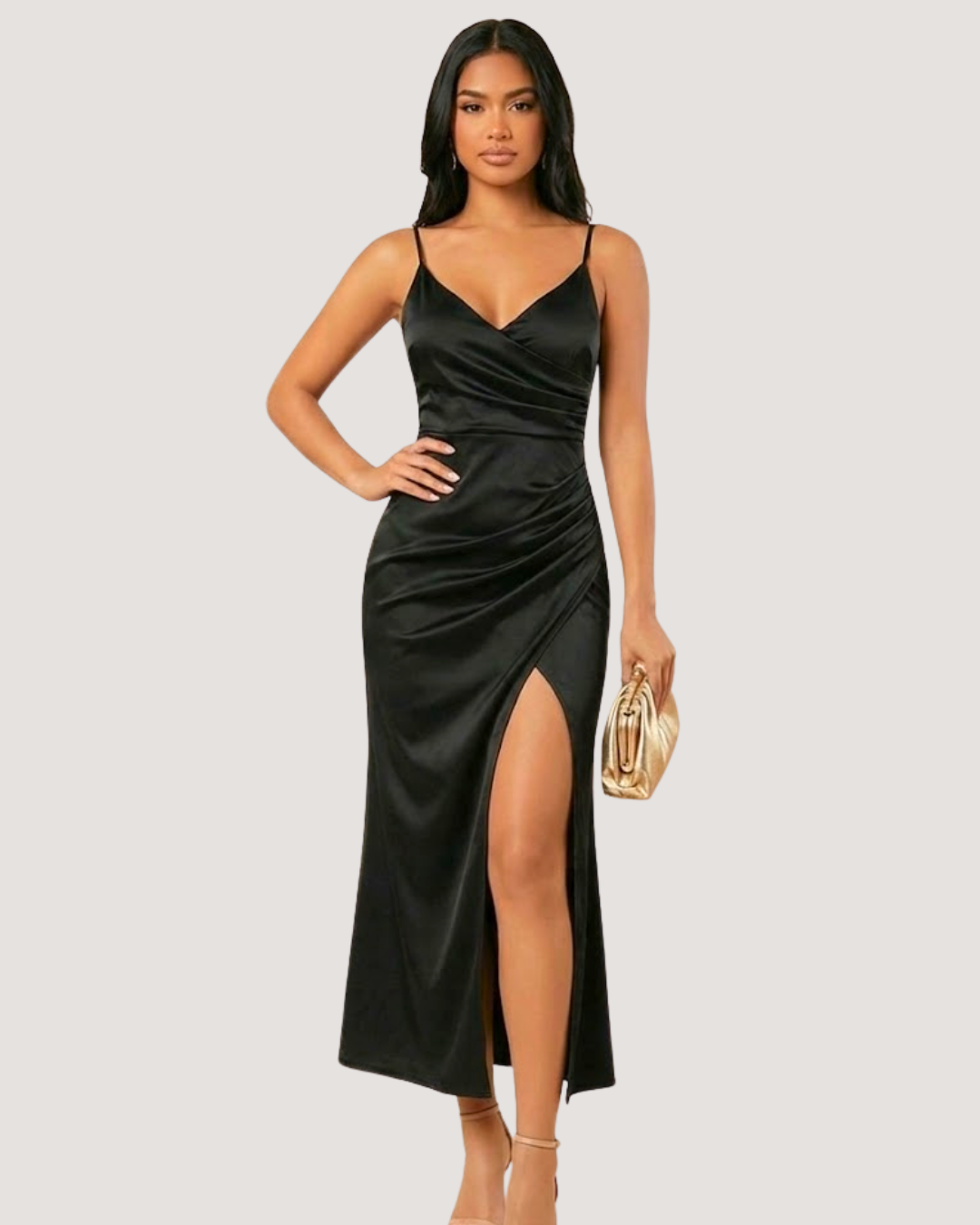 Noir Elegance Ruched Midi Dress