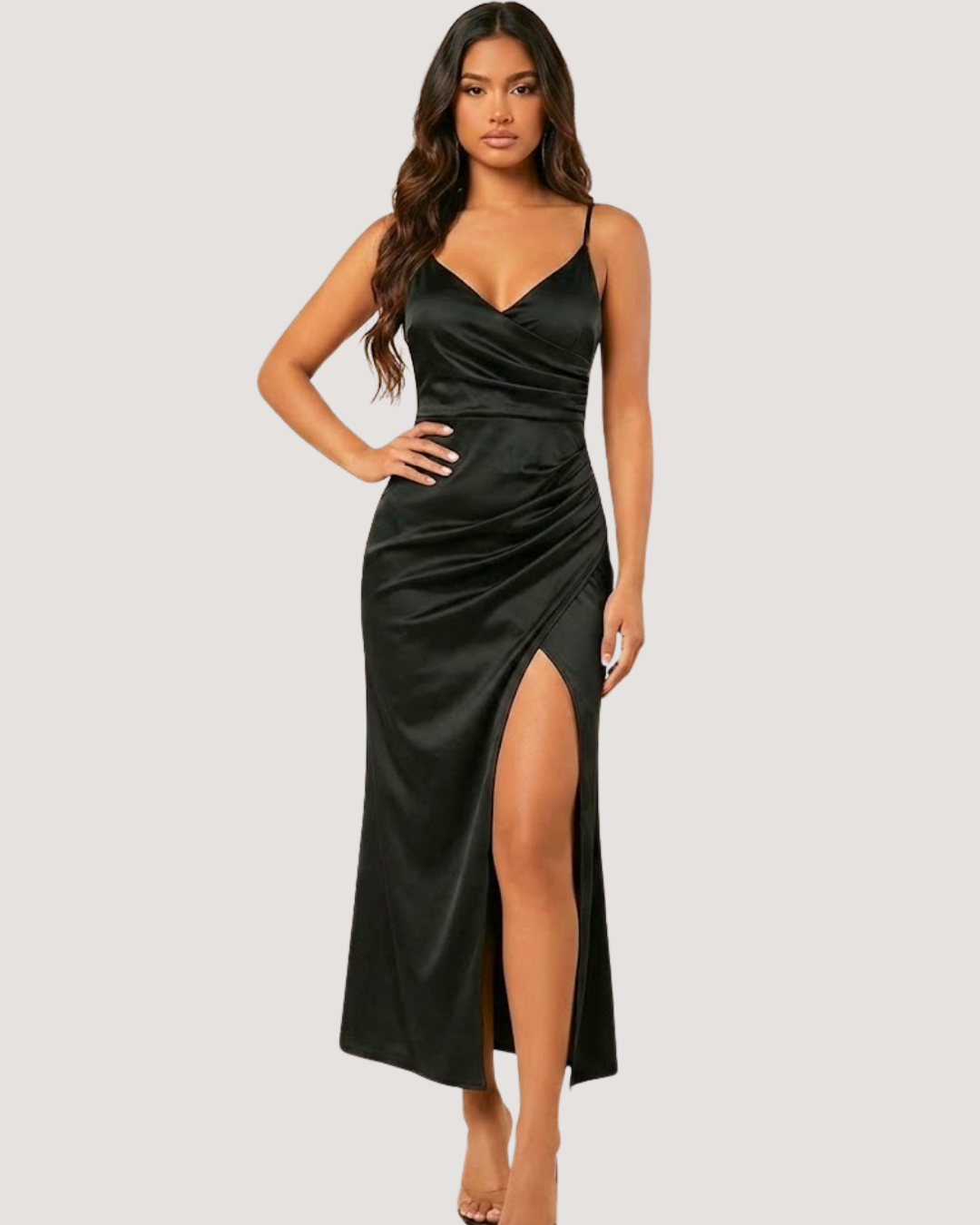Noir Elegance Ruched Midi Dress