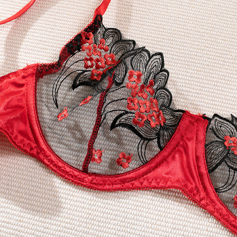 Bloom Embroidery Mesh Bra and Panty Set