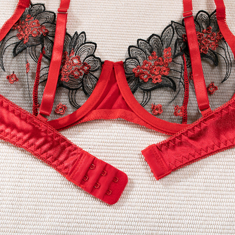 Bloom Embroidery Mesh Bra and Panty Set
