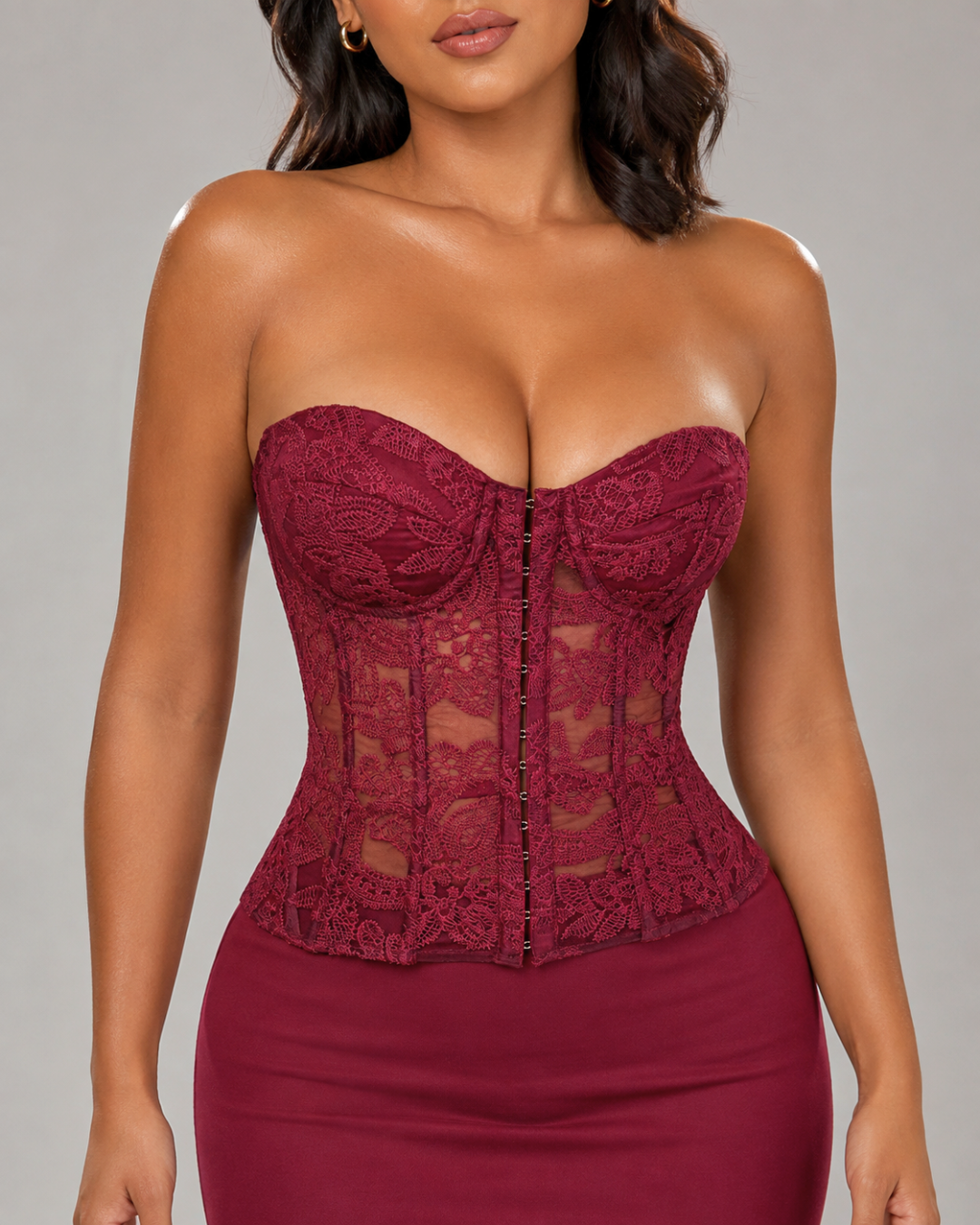 Odette Boned Lace Corset - Wine Red