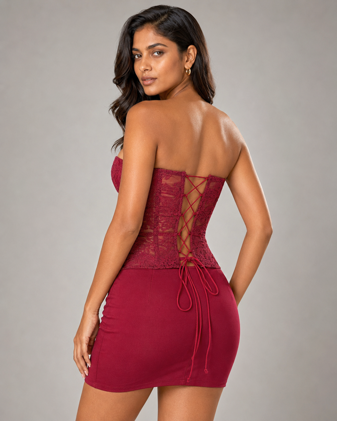 Odette Boned Lace Corset - Wine Red