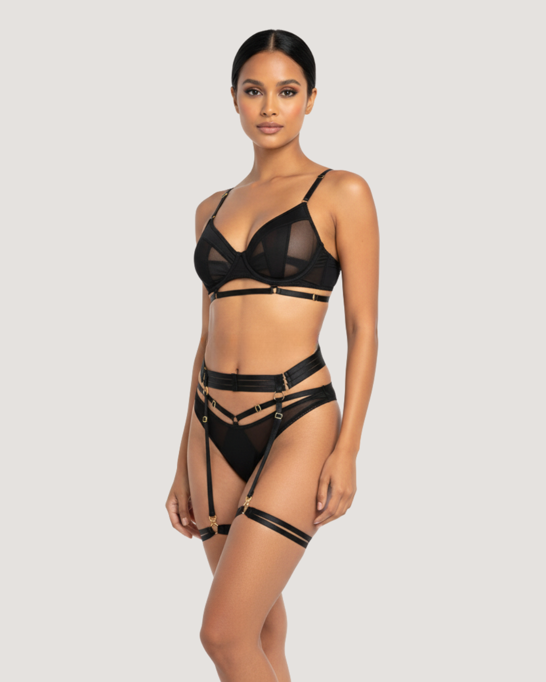 Patchwork Mesh 3-Piece Lingerie Set