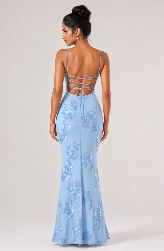 Sahara Petal-Detail Corset Maxi Dress - Blue