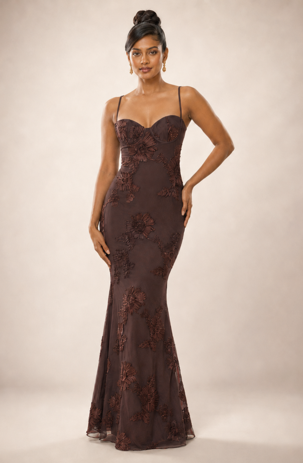 Sahara Petal-Detail Corset Maxi Dress - Brown