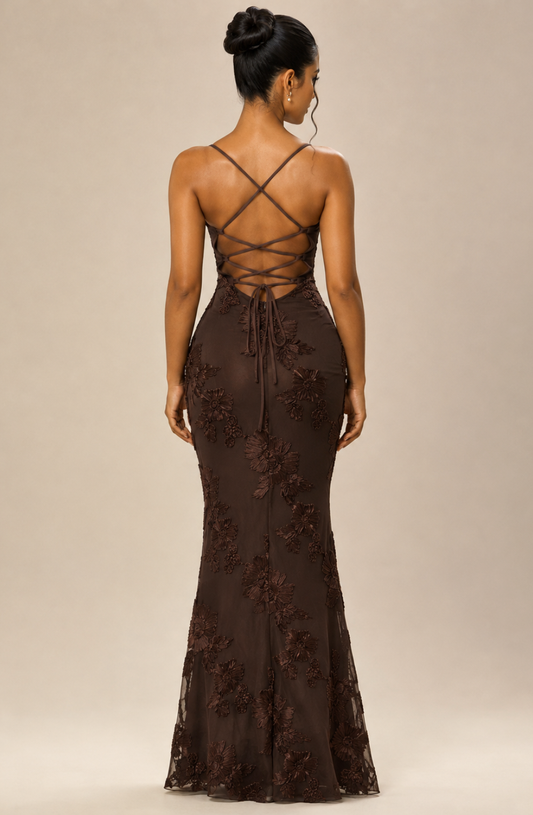 Sahara Petal-Detail Corset Maxi Dress - Brown