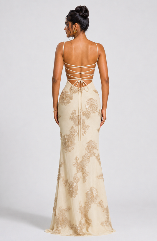 Sahara Petal-Detail Corset Maxi Dress - Apricot