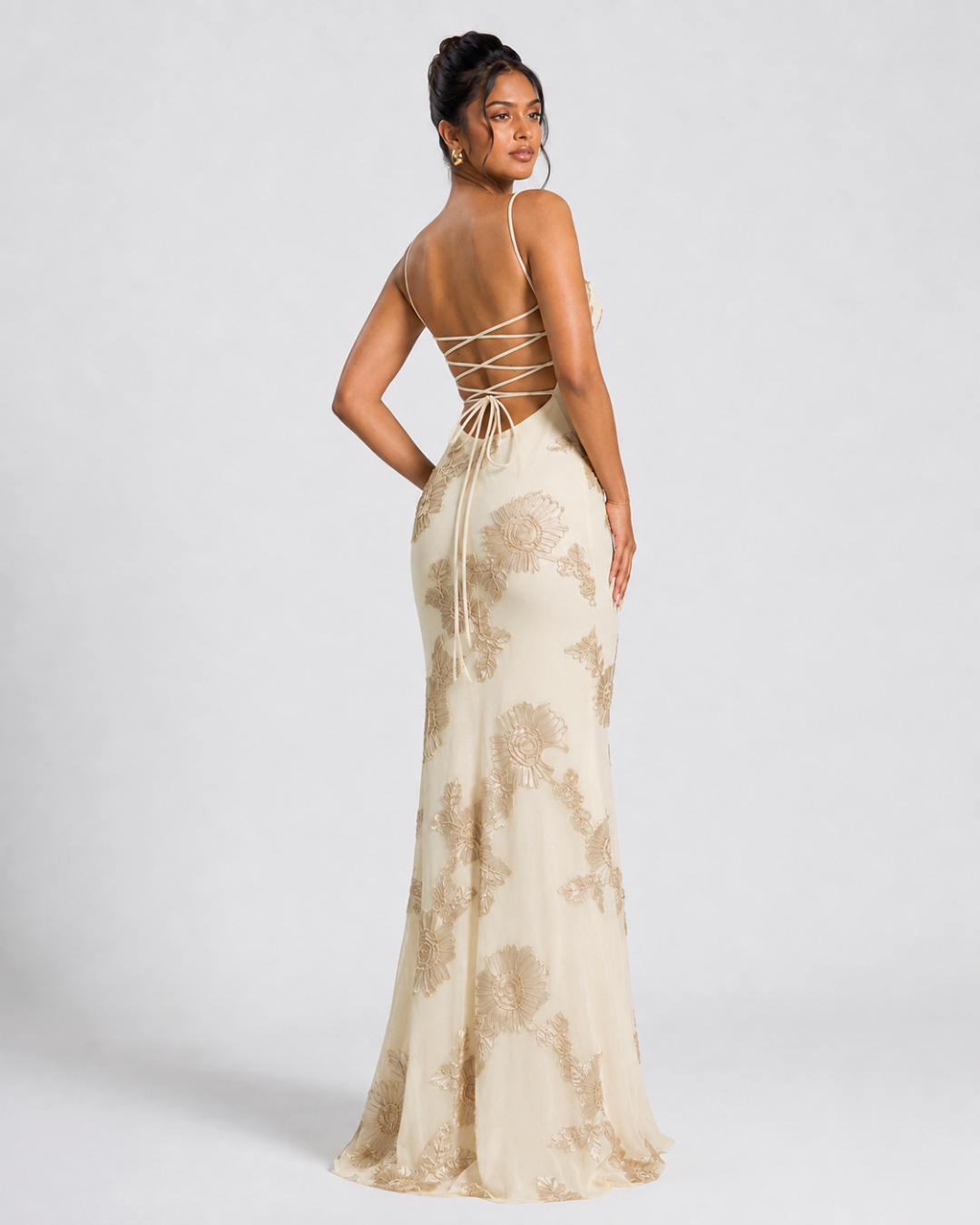 Sahara Petal-Detail Corset Maxi Dress - Apricot