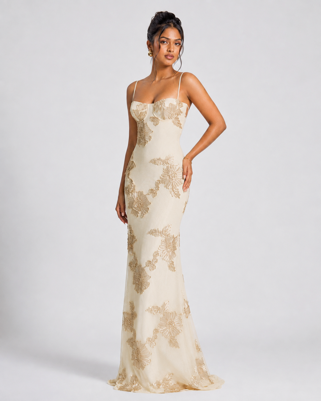 Sahara Petal-Detail Corset Maxi Dress - Apricot