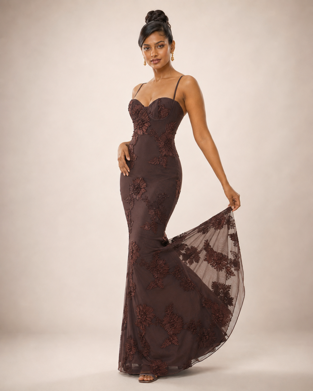Sahara Petal-Detail Corset Maxi Dress - Brown